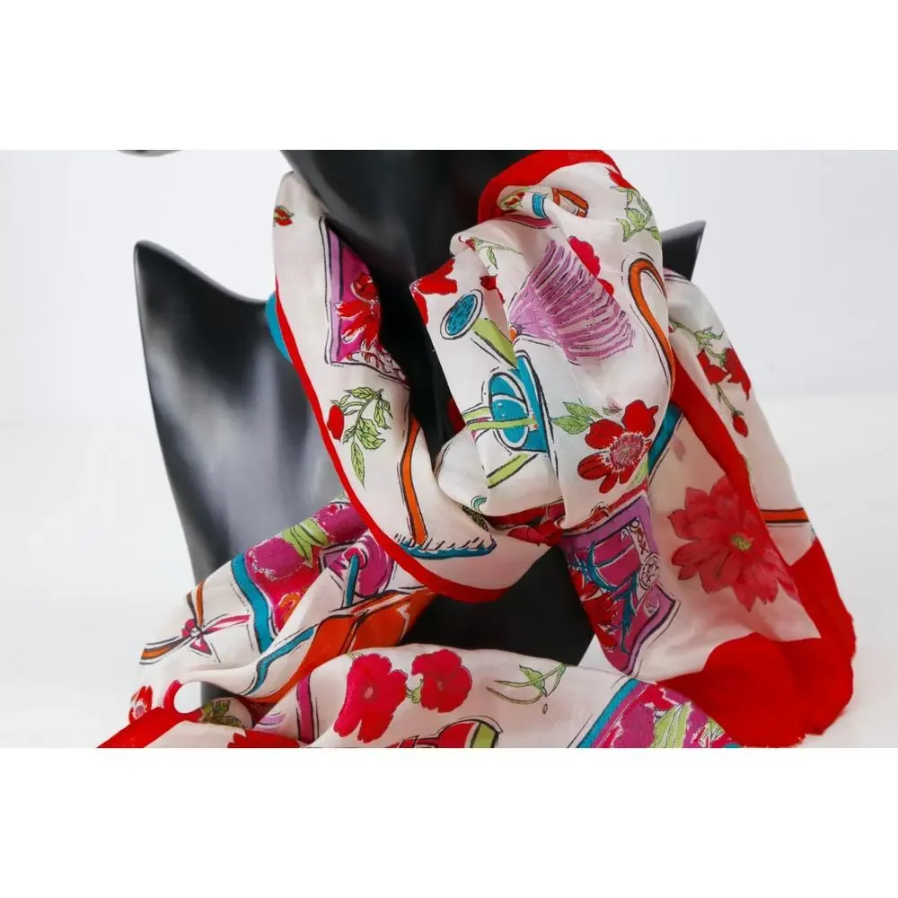 Vintage Oscar De La Renta Garden Tool Floral Silk Scarf Red White Long 51x10